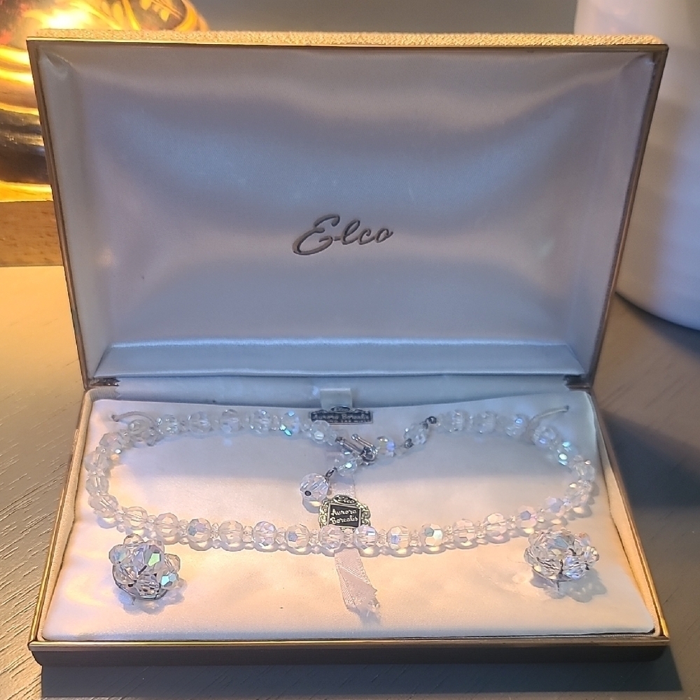 Vintage Elco crystal necklace and earrings set, likely from the 1950s to 1960s.